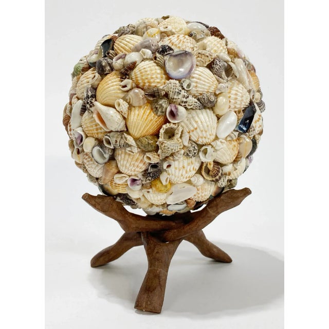 Boho Chic Vintage Shell Encrusted Orb on Wood Stand For Sale - Image 3 of 6