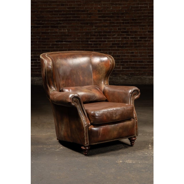 English Vintage Wingback Leather Chair With Pillow, Ottoman by Walter E. Smithe For Sale - Image 3 of 18