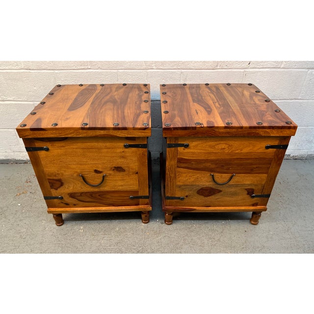 Late 20th Century Pair of Rustic Wood and Metal Storage Trunks W/ Lift-Top Lids For Sale - Image 4 of 15