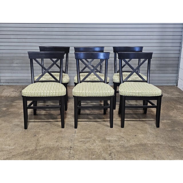 Store Item: Set of 6 Pottery Barn Black X Back Dining Chairs with Green Striped Padded Seats Description: Set includes 8...
