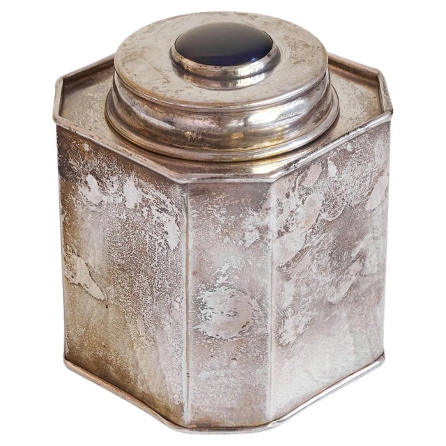 Silver Plated Octagonal Tea Caddy with Lapis Lazuli Coloured Detail, 1940s For Sale - Image 9 of 9