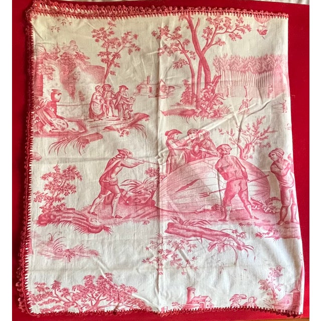 Red Antique French Red and White Toile De Jouy Fabric Panel With Country Landscape Scenes For Sale - Image 8 of 9