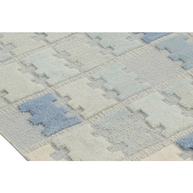 Mid-Century Modern Rug & Kilim’s Scandinavian Style Rug in Blue, Cream & Gray Geometric Patterns For Sale - Image 3 of 7