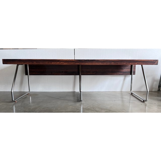 Large Varnished Wood Executive Desk, in the style of Florence Knoll Details Dimensions Height: 30.32 in (77 cm) Width:...