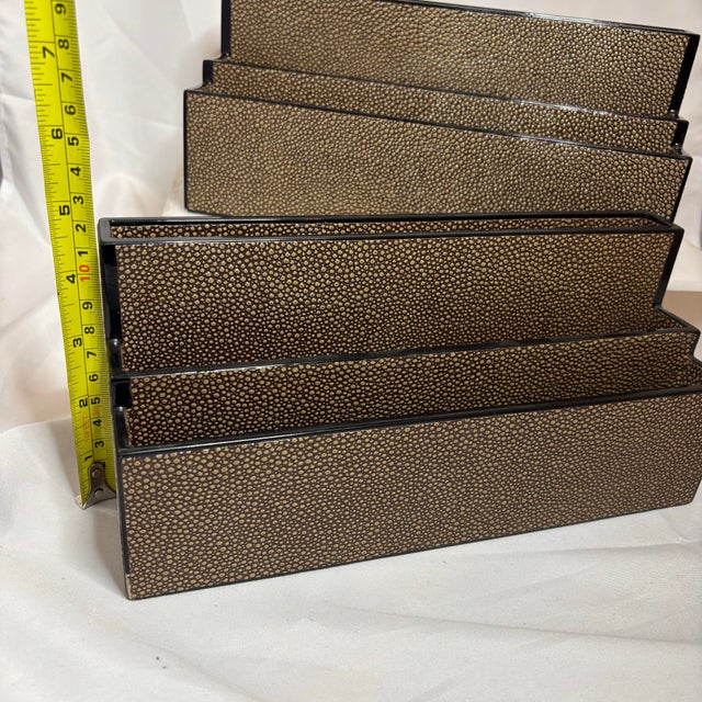 Vintage Dransfield & Ross Mid-Century Modern Faux Shagreen Leather Letter Holder Set in Brown, Circa 2000’s For Sale In Los Angeles - Image 6 of 10