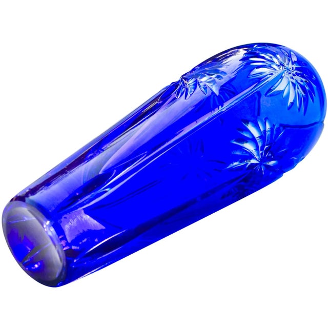 Mid 20th Century Mid 20th Century Blue Palm-Patterned Crystal-Cut Vase For Sale - Image 5 of 5