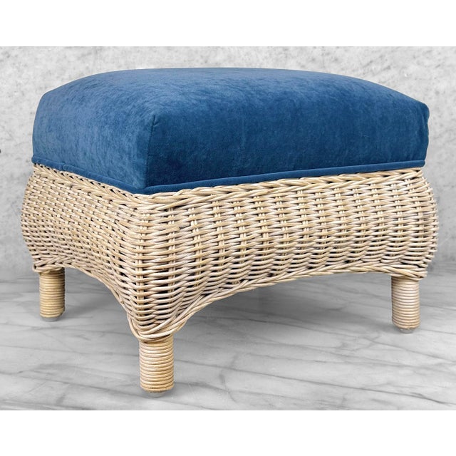 Boho Chic Vintage 70s Coastal Natural Wicker Blue Suede Footstool Ottoman For Sale - Image 3 of 10
