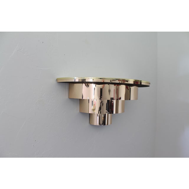 Mid-Century Modern Vintage 70s Disco Console Table, Cascading Demilune Wall Mounted Shelf in Gold For Sale - Image 3 of 18