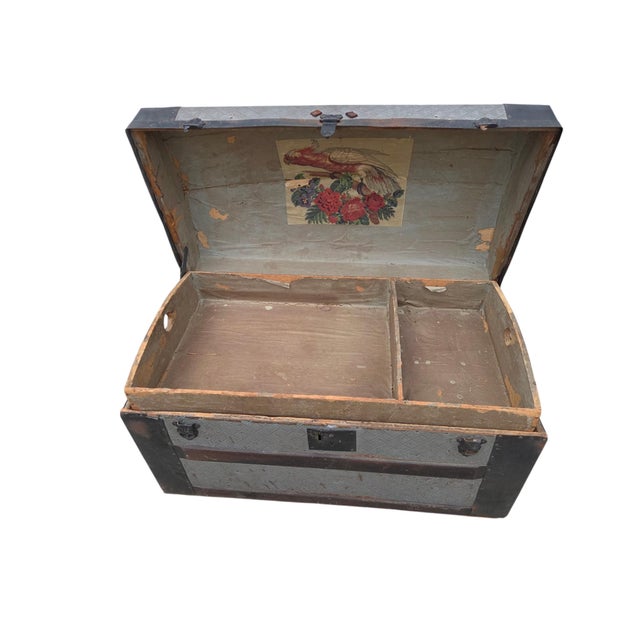 Antique Fitted Embossed Tin Dome Top Humpback Steamer Travel Trunk Chest For Sale In Philadelphia - Image 6 of 18