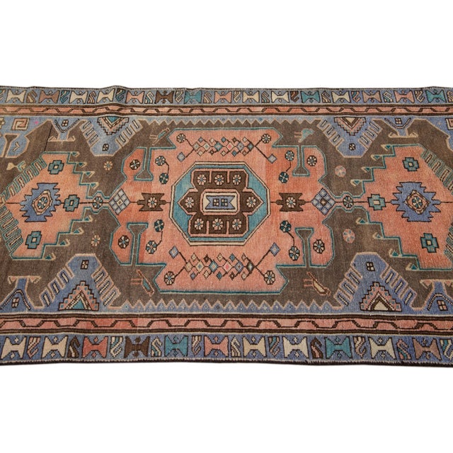 1960s 1960s Vintage Persian Distressed Handmade Geometric Brown Wool Rug For Sale - Image 5 of 7