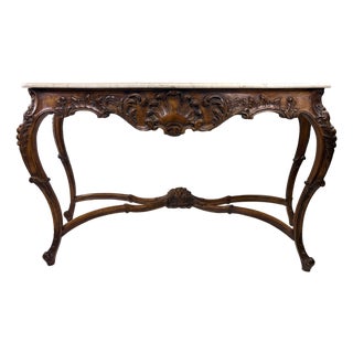 Antique Italian Marble Topped Hand Carved Walnut Console For Sale