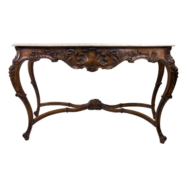 Antique Italian Marble Topped Hand Carved Walnut Console For Sale