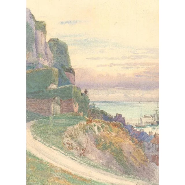 This is a vintage original watercolor of hills alongside a placid harbor town. The piece is roughly 8 inches x 10.5...