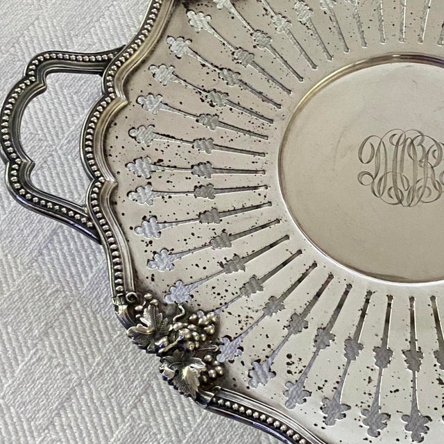Metal Antique Silver-Plated Pierced Handled Tray Victorian Era For Sale - Image 7 of 16