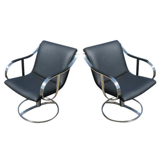 Pair of Gardner Leaver for Steelcase Swivel Black Leather Lounge Arm Chairs Mr9077 For Sale