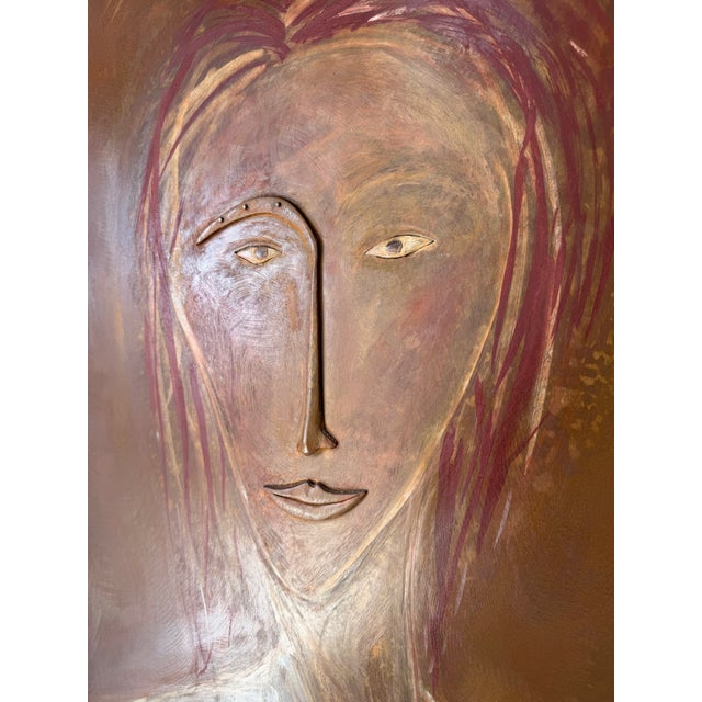 Sculpture Materials Vintage Mixed Media Metal Female Portrait Wall Art – Sculptural Painted Panel For Sale - Image 7 of 12