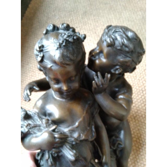 Antique Quality Patinated Solid Bronze Sculpture Statue Figures of Children the Secret Signed Auguste Moreau For Sale - Image 9 of 15
