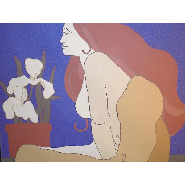 This impressive post modern oil on canvas depicts a seated nude female with flowers. It was created by the listed...