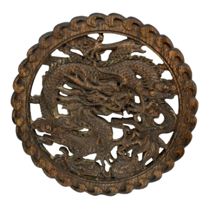 Vintage Round Carved Wood Dragon Plaque