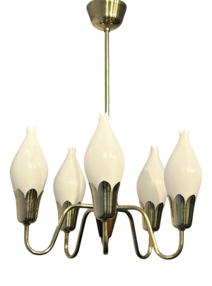 Scandinavian Tulip Chandelier in Brass and Glass from Fog & Mørup, 1950s