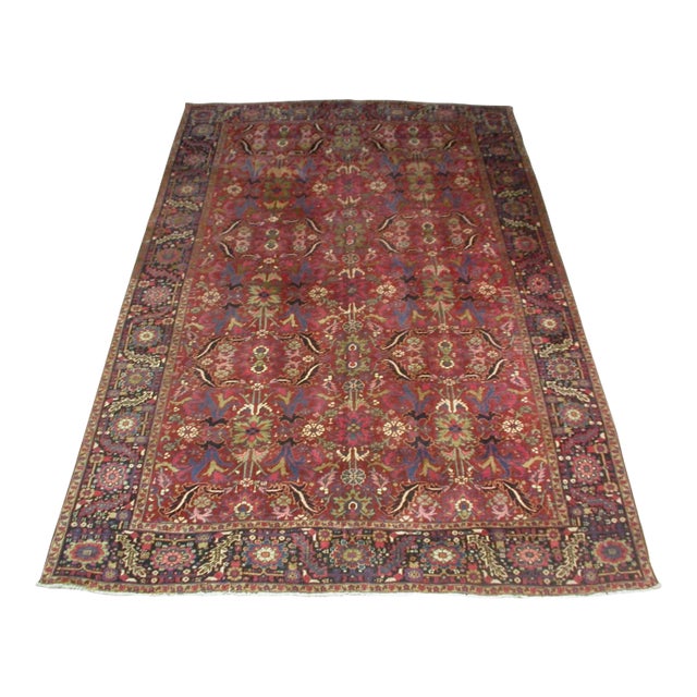 1930s Red Navy Blue Green Geometric Tribal Persian Heriz Rug For Sale