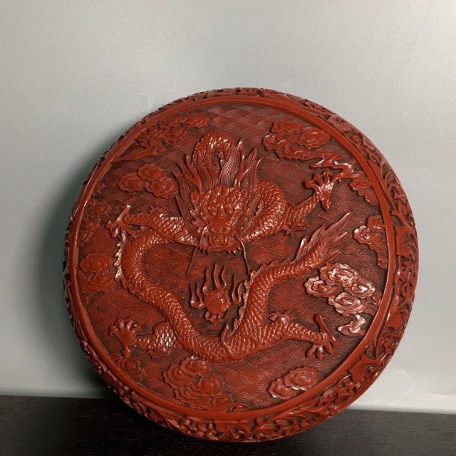 Red Carved Cinnabar Lacquer Round Lidded Box, Dragon & Cloud Chinoiserie Decorative Box For Sale - Image 8 of 9