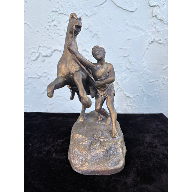 Early 20th Century Signed Classical Bronze-Tone Sculpture of Youth Restraining a Rearing Horse For Sale - Image 4 of 10