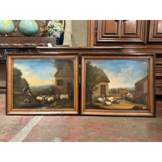 Pair of 19th Century French Pastoral Oil Paintings in Blackened Frames For Sale - Image 4 of 11