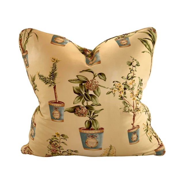 Textile Hand-Printed European Fabricut Vervain Botanique Green Rusty-Red Turquoise Yellow Botanical Potted Floral Pillow Covers- 24" Pair For Sale - Image 7 of 10