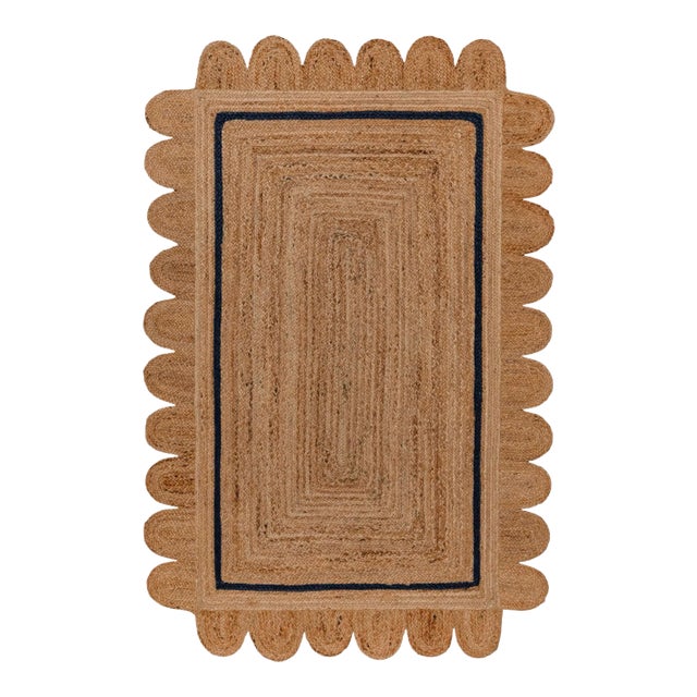 2x4ft. Navy Single Border Braided Jute Scallop Rug For Sale