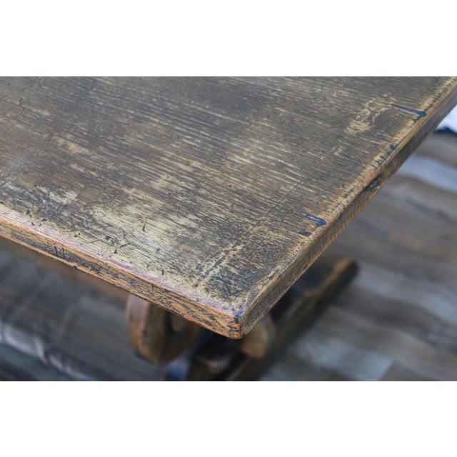 1940s French Oak Farmhouse Dining Table | Antique Rustic Trestle Base | Provincial Country For Sale - Image 9 of 14