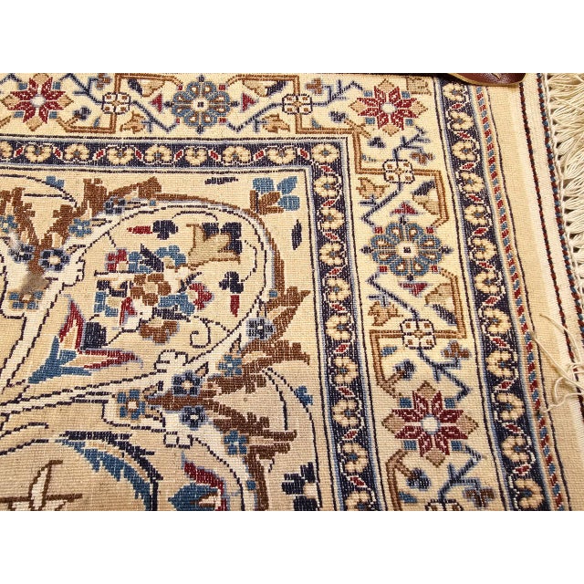 1900 - 1909 Vintage Exceptionally Fine Nain Area Rug, Hand-Knotted Wool & Silk, Floral Pattern, 7x11, Ivory & Blue For Sale - Image 5 of 18