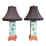 Pair of Chinese Famile Verte and Coral Tall Table Lamps For Sale