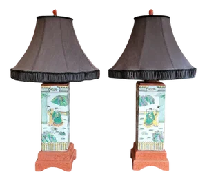 Pair of Chinese Famile Verte and Coral Tall Table Lamps