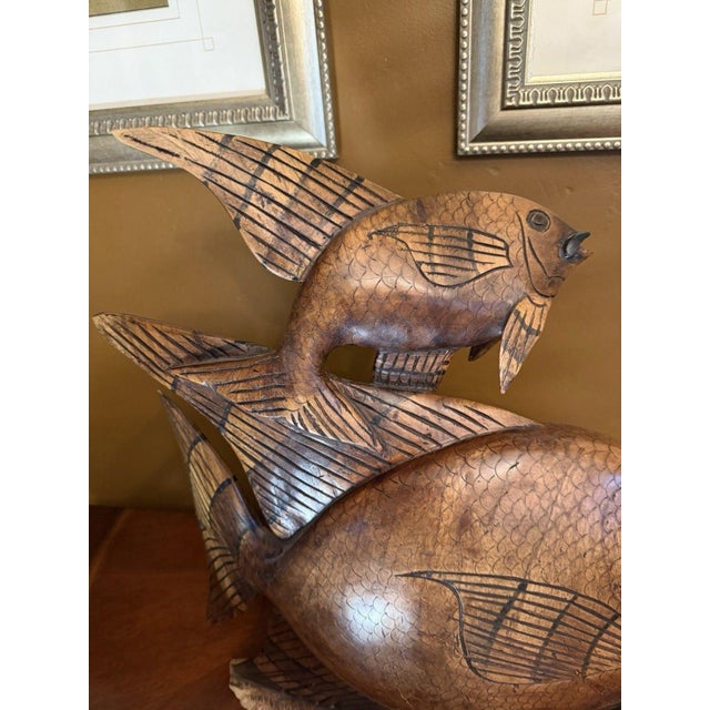 Art Deco Vintage 1950s Indonesian Hand-Carved Teak Angelfish Sculpture – 19.5" For Sale - Image 3 of 12