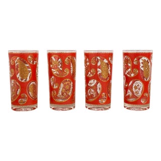 Vintage MCM Culver Ltd. Attr. Red and Gold Paisley Glasses, S/4 For Sale