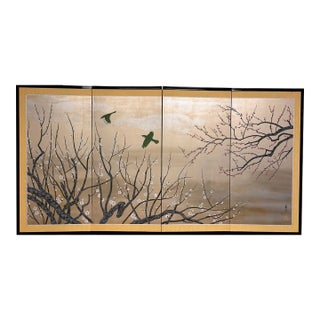 Vintage Japanese Byobu Four-Panel Gold Leaf Folding Screen For Sale