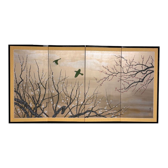 Vintage Japanese Byobu Four-Panel Gold Leaf Folding Screen For Sale