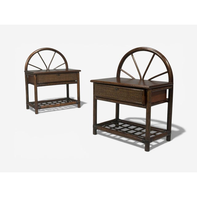 American Mid-Century Modern, Nightstands, Wood, Cane, USA, 1980s Pair of bedside tables or nigthstands designed and...