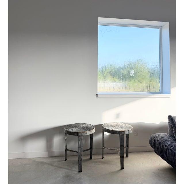 Round Pair of Hand-Welded Steel Rod Brutalist Tables, Set of Two, Tripod Legs For Sale - Image 15 of 17