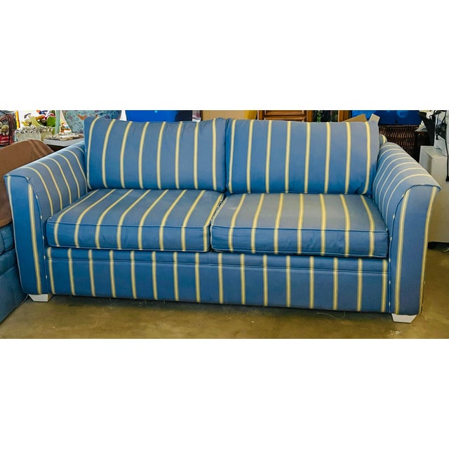 Nautical Coastal Blue & Yellow Stripe Sofa Pull Out Sleeper Couch For Sale - Image 3 of 6