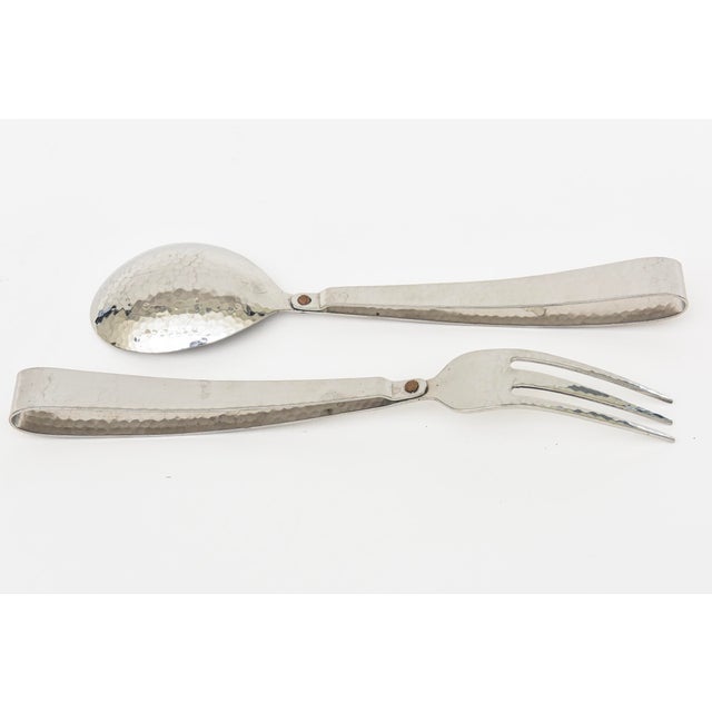 1990s Hand Hammered Silver Plated Looped Serving Pieces or Salad Servers With Brass Dot For Sale - Image 11 of 11