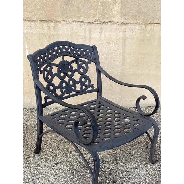 Metal Cast Aluminum Mediterranean Tuscan Scrolling Garden Patio Club Chairs - A Pair For Sale - Image 7 of 12