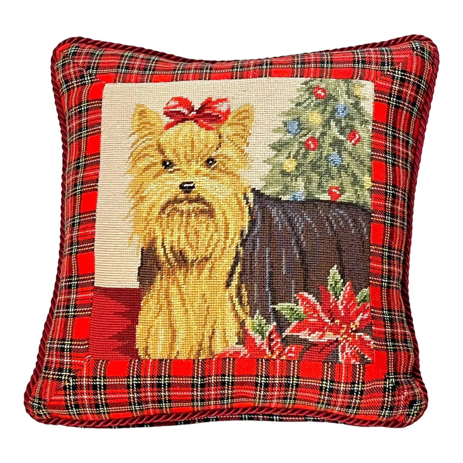 Vintage Yorkie Dog Needlepoint Plaid Red Christmas Pillow Chairish