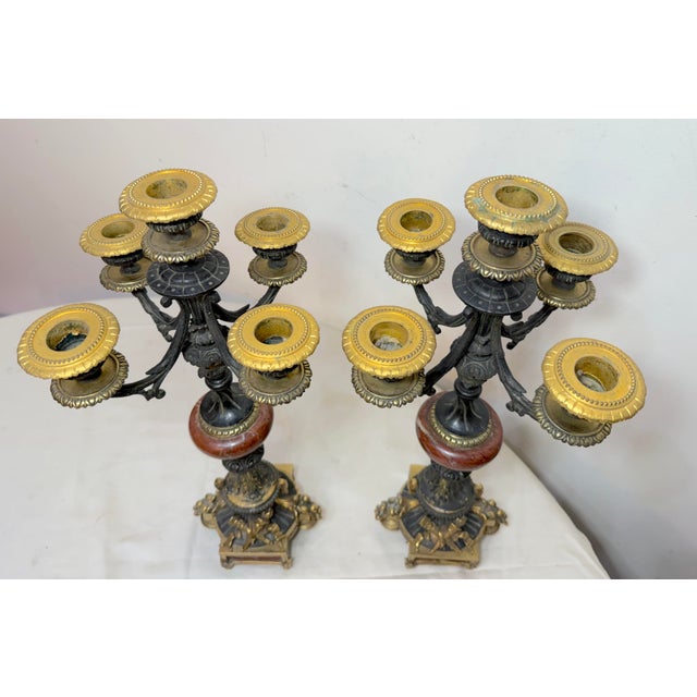 Neoclassical Pair Antique Ornate 1800's Patinated Gilt Bronze Marble Neoclassical Candelabras For Sale - Image 3 of 14