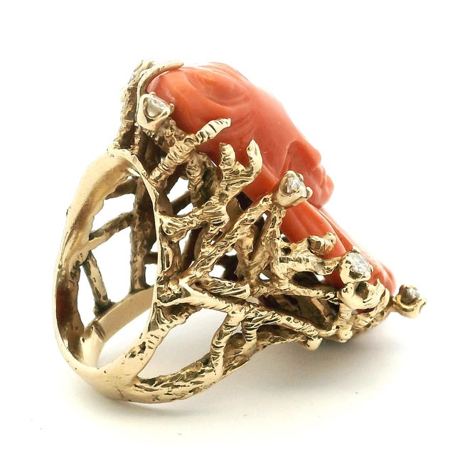 Italian Carved Red Coral Diamond 14k Gold Statement Ring, Circa 1970s, Size 6.25 For Sale In Miami - Image 6 of 13