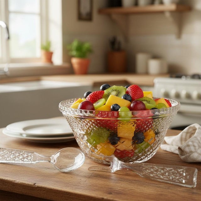 Serve salads, fruit, pasta, or desserts with this vintage Anchor Hocking Wexford clear glass serving set, including the...