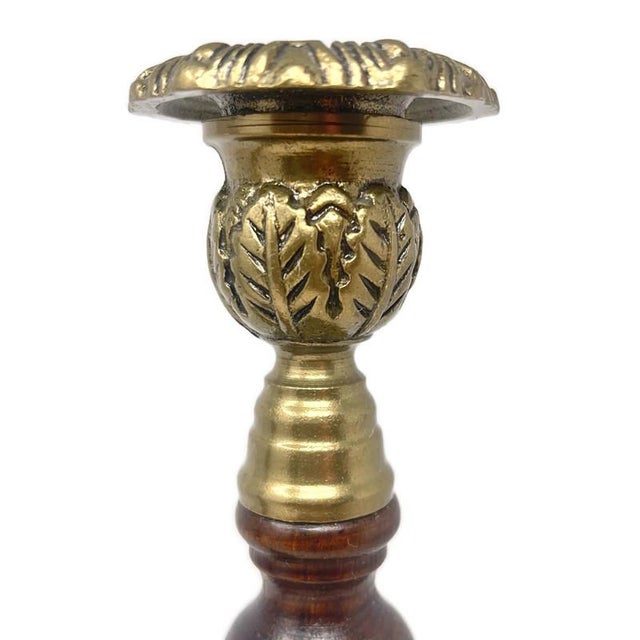 Brown Mid-Century English Oak & Brass Open Barley Twisted Candlesticks - a Pair For Sale - Image 8 of 9