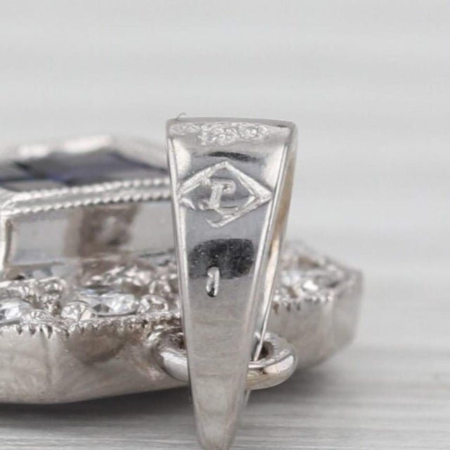 Modern 0.75ctw Blue Sapphire Diamond Halo Pendant 18k White Gold Small Drop For Sale - Image 3 of 5