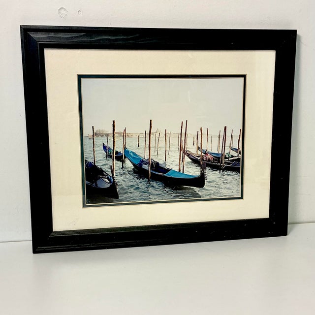 Boho Chic 1980s Vintage Italian Coastal Venus Blue Gondola at Dock Framed Photography. For Sale - Image 3 of 13